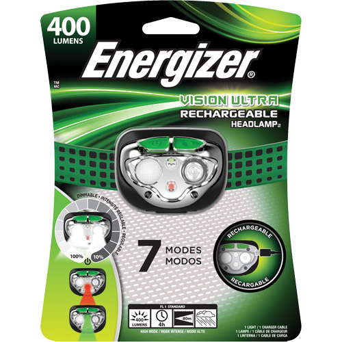 Lampe frontale Vision Ultra, DEL, 400 lumens, 4 hres de fonctionnement, piles Rechargeable Stor-it Systems