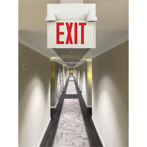 Exit Sign with Security Lights, LED, Battery Operated/Hardwired, 12-1/10" L x 11" W, English Stor-it Systems
