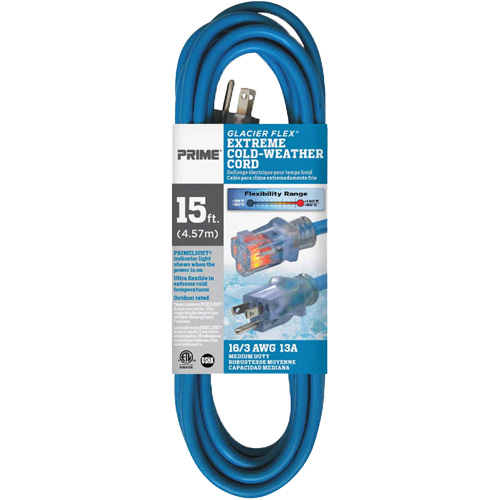 Cordon rallonge pour le froid extr&ecirc;me Glacier Flex, Ext&eacute;rieur, SJTW, AWG 16/3, 13 A, 15' Stor-it Systems