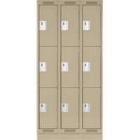Clean Line Lockers, 3 -tier, Bank of 3, 36" x 18" x 76", Steel, Beige, Rivet (Assembled) Stor-it Systems