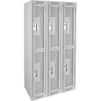 Clean Line Lockers, 2 -tier, Bank of 3, 36" x 12" x 72", Steel, Grey, Rivet (Assembled), Perforated Stor-it Systems