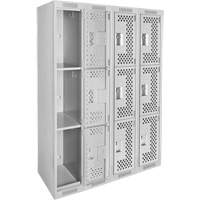 Clean Line Lockers, 3 -tier, Bank of 4, 48" x 12" x 72", Steel, Grey, Rivet (Assembled), Perforated Stor-it Systems