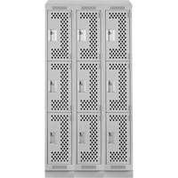 Clean Line Lockers, 3 -tier, Bank of 3, 36" x 15" x 82", Steel, Grey, Rivet (Assembled), Perforated Stor-it Systems