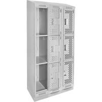 Clean Line Lockers, 3 -tier, Bank of 3, 36" x 15" x 82", Steel, Grey, Rivet (Assembled), Perforated Stor-it Systems
