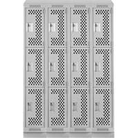 Clean Line Lockers, 3 -tier, Bank of 4, 48" x 15" x 82", Steel, Grey, Rivet (Assembled), Perforated Stor-it Systems
