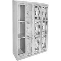 Clean Line Lockers, 3 -tier, Bank of 4, 48" x 15" x 82", Steel, Grey, Rivet (Assembled), Perforated Stor-it Systems