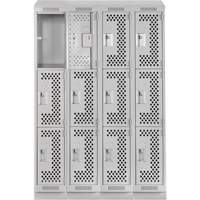 Clean Line Lockers, 3 -tier, Bank of 4, 48" x 15" x 82", Steel, Grey, Rivet (Assembled), Perforated Stor-it Systems