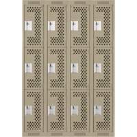 Clean Line Lockers, 3 -tier, Bank of 4, 48" x 12" x 72", Steel, Beige, Rivet (Assembled), Perforated Stor-it Systems