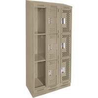 Clean Line Lockers, 3 -tier, Bank of 3, 36" x 15" x 82", Steel, Beige, Rivet (Assembled), Perforated Stor-it Systems