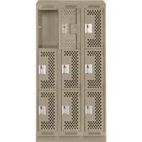 Clean Line Lockers, 3 -tier, Bank of 3, 36" x 15" x 82", Steel, Beige, Rivet (Assembled), Perforated Stor-it Systems
