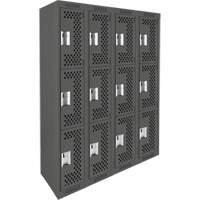 Clean Line Lockers, 3 -tier, Bank of 4, 48" x 12" x 72", Steel, Charcoal, Rivet (Assembled), Perforated Stor-it Systems