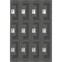 Clean Line Lockers, 3 -tier, Bank of 4, 48" x 12" x 72", Steel, Charcoal, Rivet (Assembled), Perforated Stor-it Systems