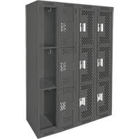 Clean Line Lockers, 3 -tier, Bank of 4, 48" x 12" x 72", Steel, Charcoal, Rivet (Assembled), Perforated Stor-it Systems