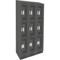 Clean Line Lockers, 3 -tier, Bank of 3, 36" x 15" x 82", Steel, Charcoal, Rivet (Assembled), Perforated Stor-it Systems