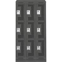 Clean Line Lockers, 3 -tier, Bank of 3, 36" x 15" x 82", Steel, Charcoal, Rivet (Assembled), Perforated Stor-it Systems