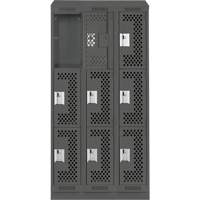 Clean Line Lockers, 3 -tier, Bank of 3, 36" x 15" x 82", Steel, Charcoal, Rivet (Assembled), Perforated Stor-it Systems
