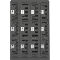 Clean Line Lockers, 3 -tier, Bank of 4, 48" x 15" x 82", Steel, Charcoal, Rivet (Assembled), Perforated Stor-it Systems