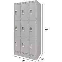 Lockers, 3 -tier, Bank of 3, 36" x 18" x 76", Steel, Grey, Knocked Down Stor-it Systems