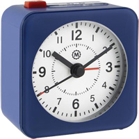 Mini Non-Ticking Alarm Clock, Analog, Battery Operated, 2.3" Dia., Blue OQ834 | Stor-it Systems