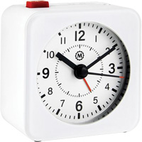 Mini Non-Ticking Alarm Clock, Analog, Battery Operated, 2.3" Dia., White OQ835 | Stor-it Systems