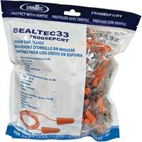 Bouchons d'oreilles coniques jetables en mousse de PU orange SEALTEC33, Vrac - Sac en poly, Avec cordon Stor-it Systems