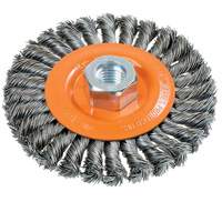 Wide Knotted Wire Wheel Brush, 4-1/2" Dia., 0.02" Fill, 5/8"-11 Arbor, Steel UE934 | Stor-it Systems