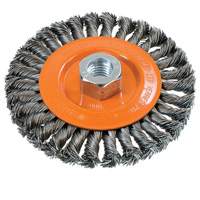 Wide Knotted Wire Wheel Brush, 5" Dia., 0.02" Fill, 5/8"-11 Arbor, Steel UE938 | Stor-it Systems