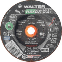 Meule FLEXCUT MILL SCALE, 4-1/2", 36 Grain, Oxyde d'aluminium, 5/8"-11, 13 300 Tr/min, Type 29 Stor-it Systems